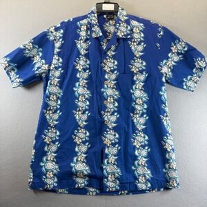 Aloha Fashion Hawaiian Shirt Mens Medium Blue Sea Turtle Hibiscus Floral Print